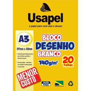 Bloco de Desenho A3 Branco 140g 20 Folhas Usapel